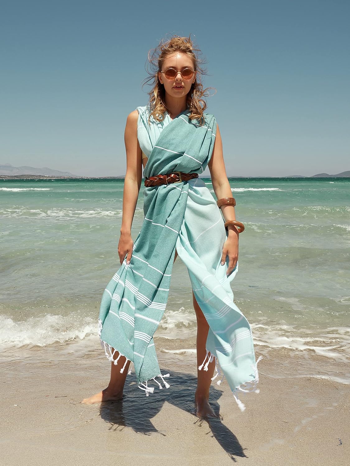 BAY LAUREL Turkish Beach Towel with Travel Bag 39 x 71 Quick Dry Sand Free Lightweight Large Oversized Towels Light - (Aqua with Blue Floral Bag)