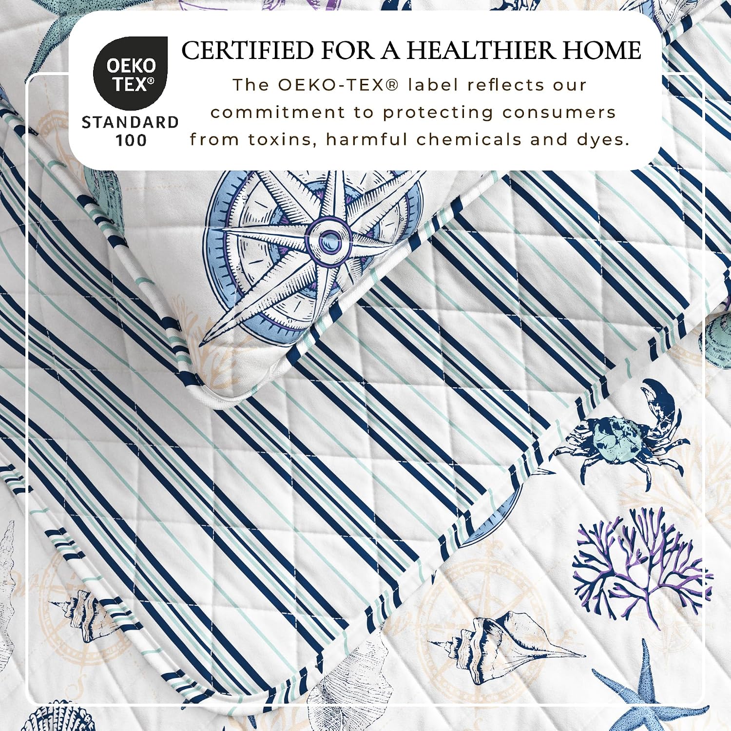 Great Bay Home Coastal Quilt Set - 3-Piece Full/Queen Size Blue Nautical Bedding Set - Lightweight, All-Season, Reversible Bedspread (Nautical Motif)