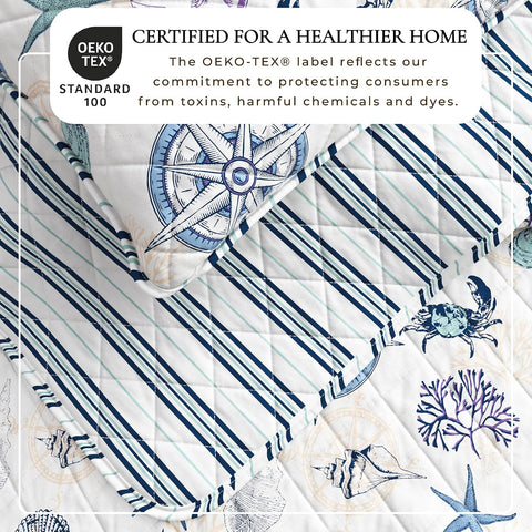 Great Bay Home Coastal Quilt Set - 3-Piece Full/Queen Size Blue Nautical Bedding Set - Lightweight, All-Season, Reversible Bedspread (Nautical Motif)