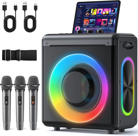 Karaoke Machine, 3 Wireless Rechargeable Microphones, 200W Speaker