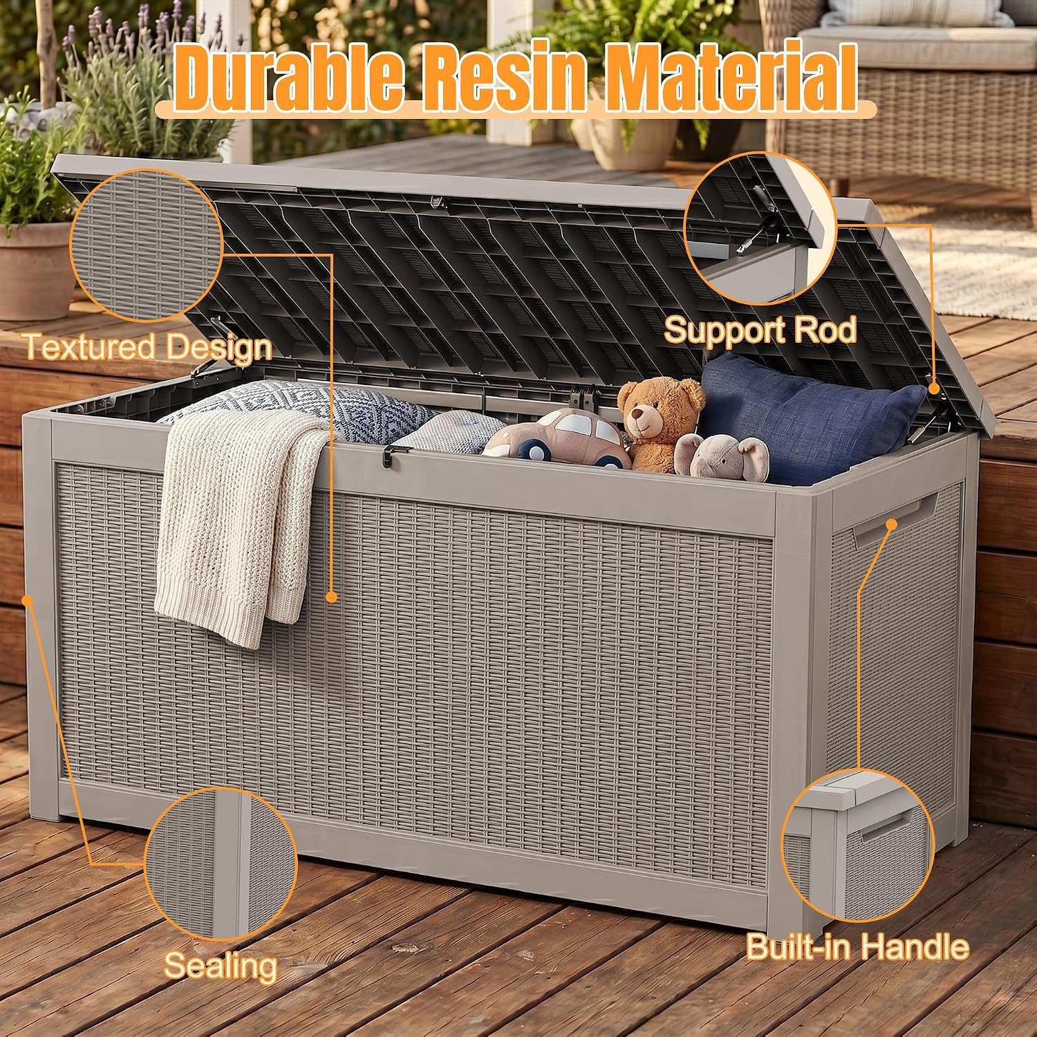 Outdoor Storage Box, 380 Gallon Waterproof Resin Deck Box with Support Rod