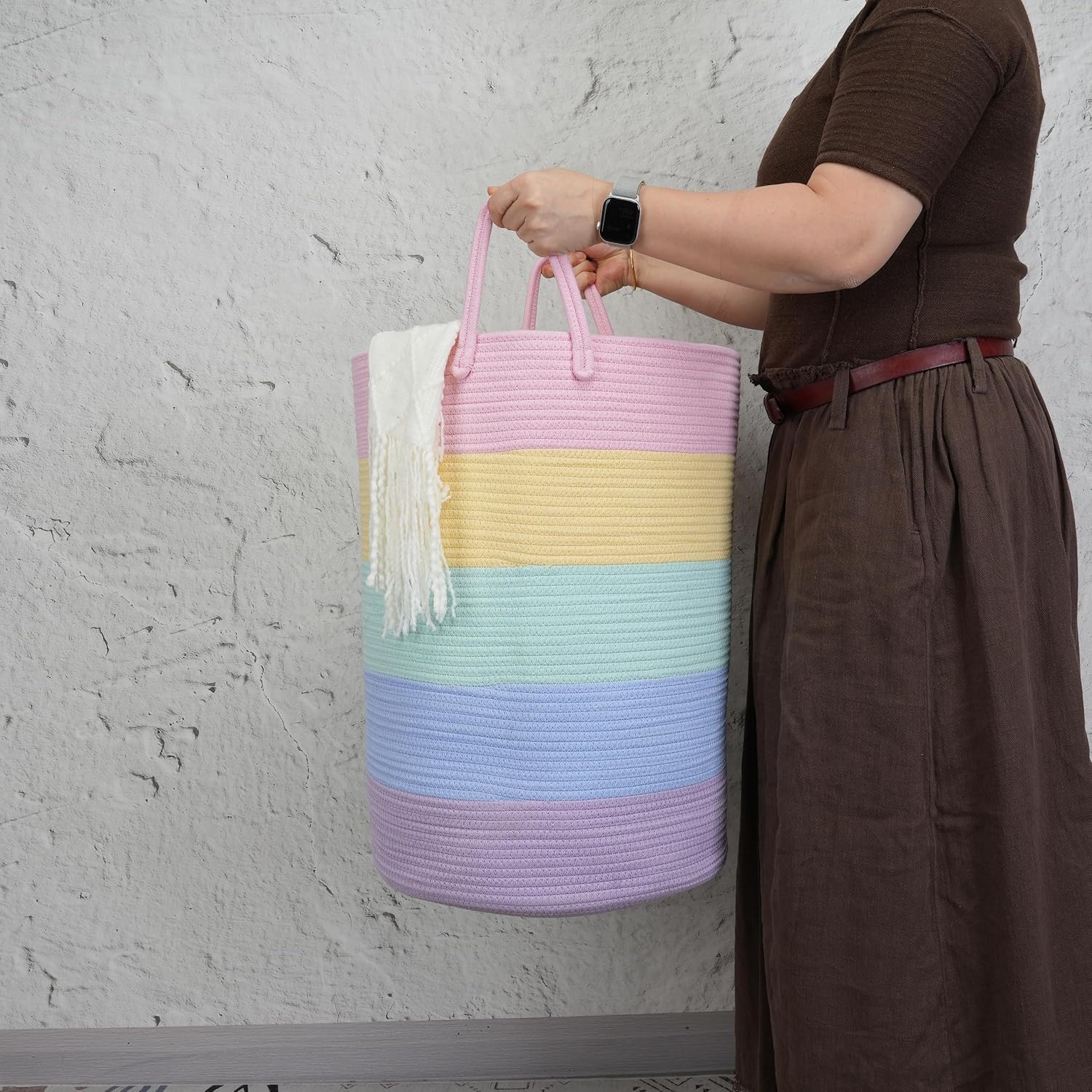 XUANGUO Rope Laundry Basket Hamper for Kids Girl Large, rainbow