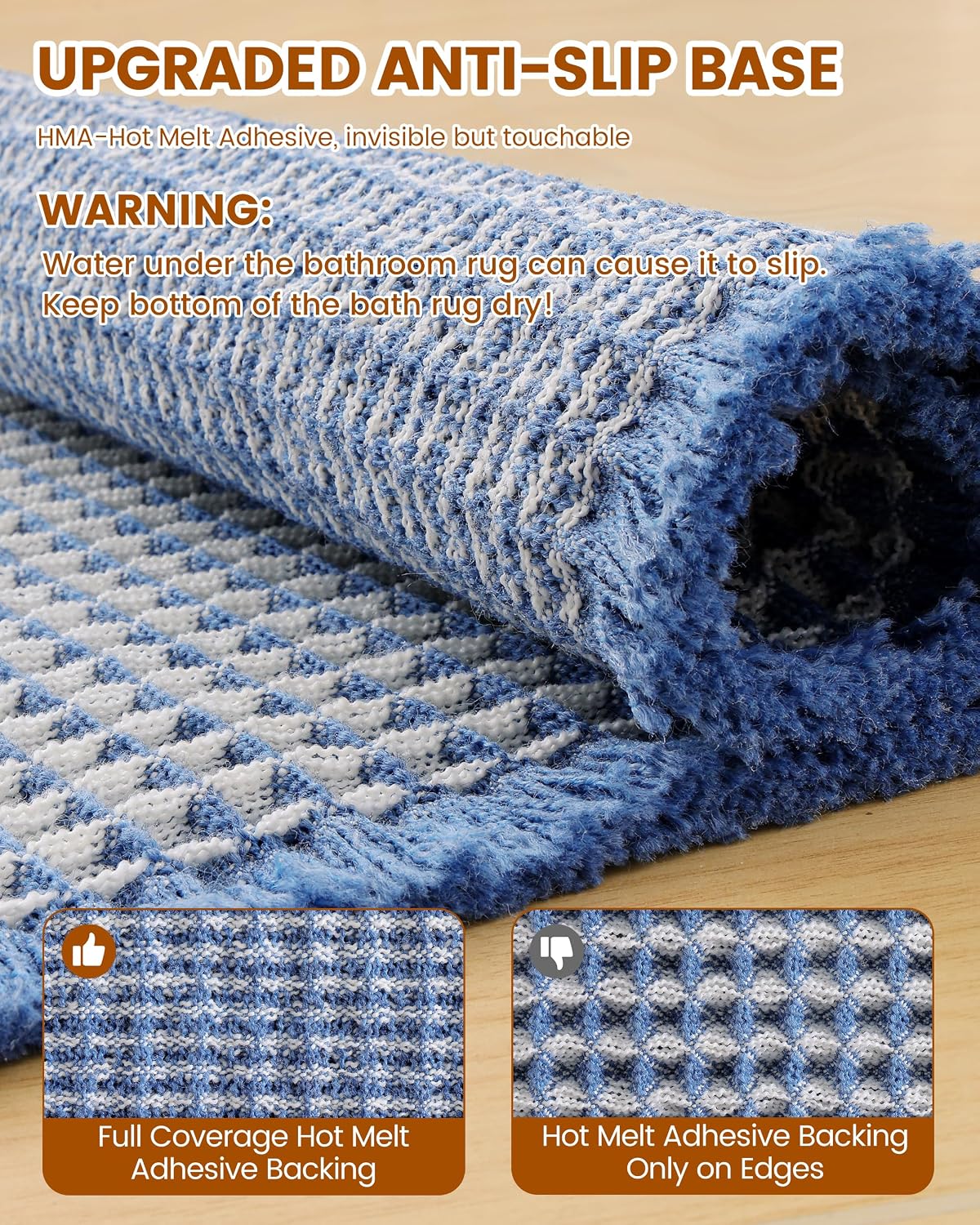 Smiry Waffle Bath Mat 72X24, Soft Absorbent Bathroom Rugs, Blue & Cream