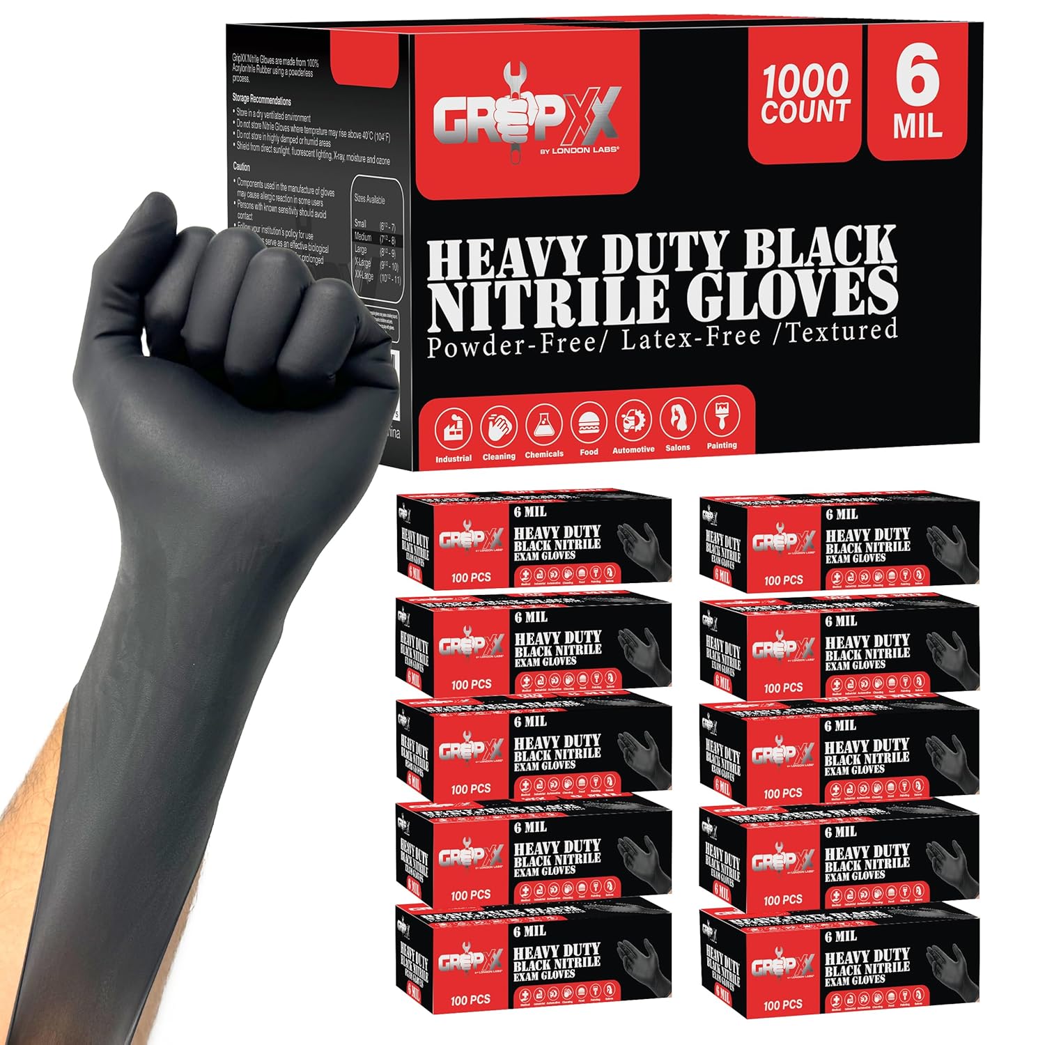 London Labs Heavy Duty 6 Mil Black Nitrile Gloves - Disposable, Latex & Powder Free | Mechanic, Food Prep & Tattoo | Rubber Gloves for Cooking, Cleaning & Household |Bulk Case of (1000)