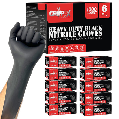London Labs Heavy Duty 6 Mil Black Nitrile Gloves - Disposable, Latex & Powder Free | Mechanic, Food Prep & Tattoo | Rubber Gloves for Cooking, Cleaning & Household |Bulk Case of (1000)