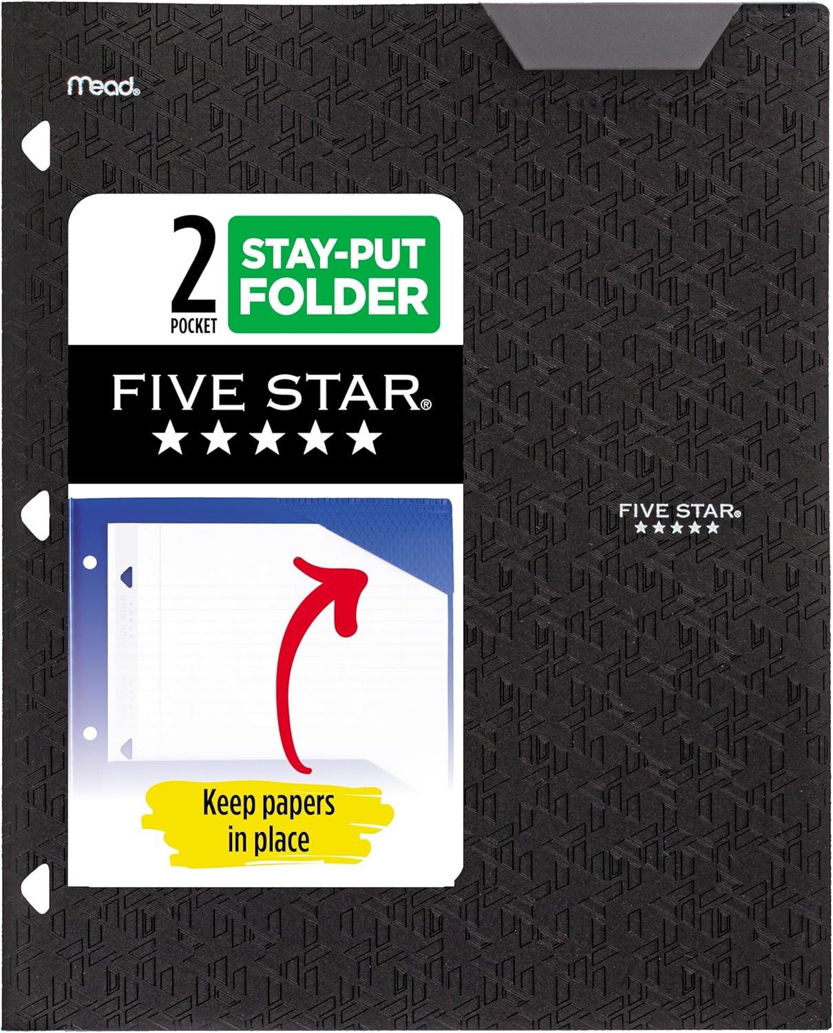 Five Star 2-Pocket Folder, Plastic Folder with Stay-Put Tabs, Fits 3-Ring Binder, Holds 8-1/2" x 11" Paper, Black (333420G-ECM)