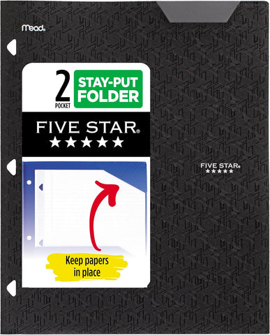 Five Star 2-Pocket Folder, Plastic Folder with Stay-Put Tabs, Fits 3-Ring Binder, Holds 8-1/2" x 11" Paper, Black (333420G-ECM)