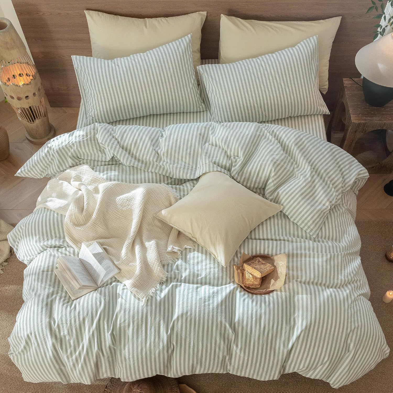 MooMee Striped Duvet Cover Set 100% Washed Cotton Linen Like King