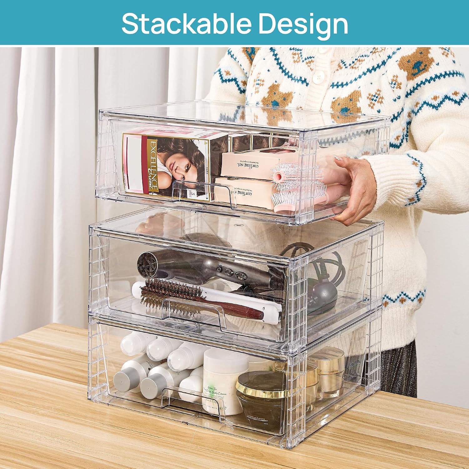 Vtopmart 6 Pack Large Clear Stackable Storage Drawers for Closet, Pantry