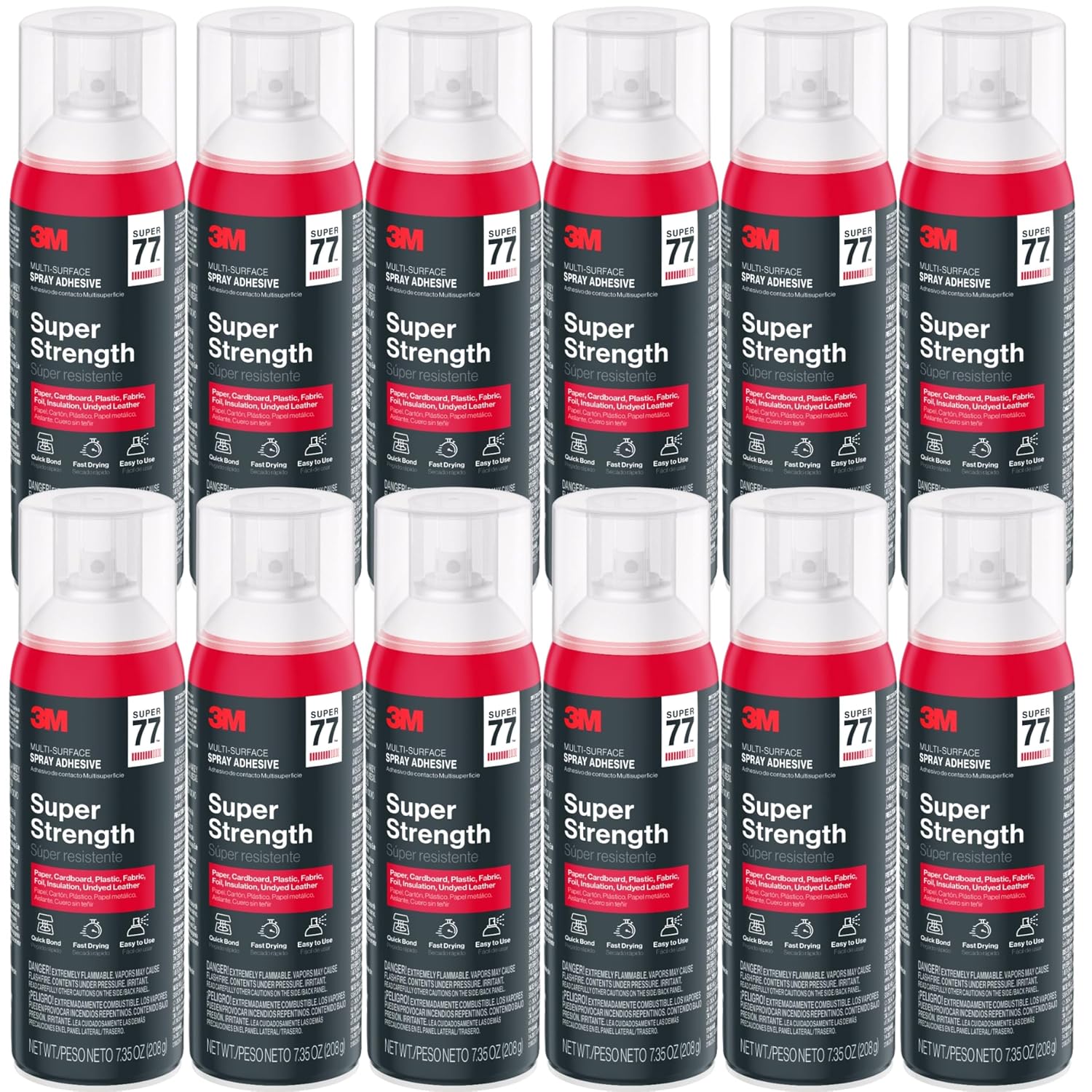 3M Super 77 Multipurpose Spray Adhesive, 7.35 oz Cans, Pack of 12 – Bulk High-Strength Spray Glue for Foam, Fabric, Plastic, Paper, Cardboard, Metal & More