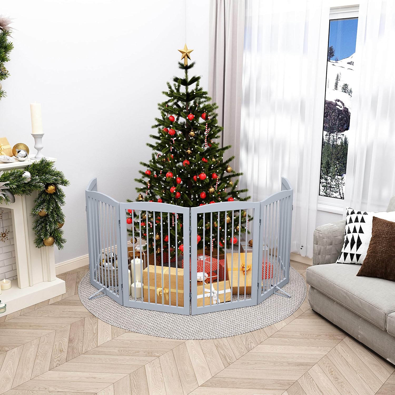PUPETPO Freestanding Pet Gate for Dogs, Indoor Wooden Foldable Dog Gate for House, Extra Wide, Pet Fence for Stairs, Doorways, Halls, Support Feet Included, 120 Inch Wide, 6 Panels 32",Grey