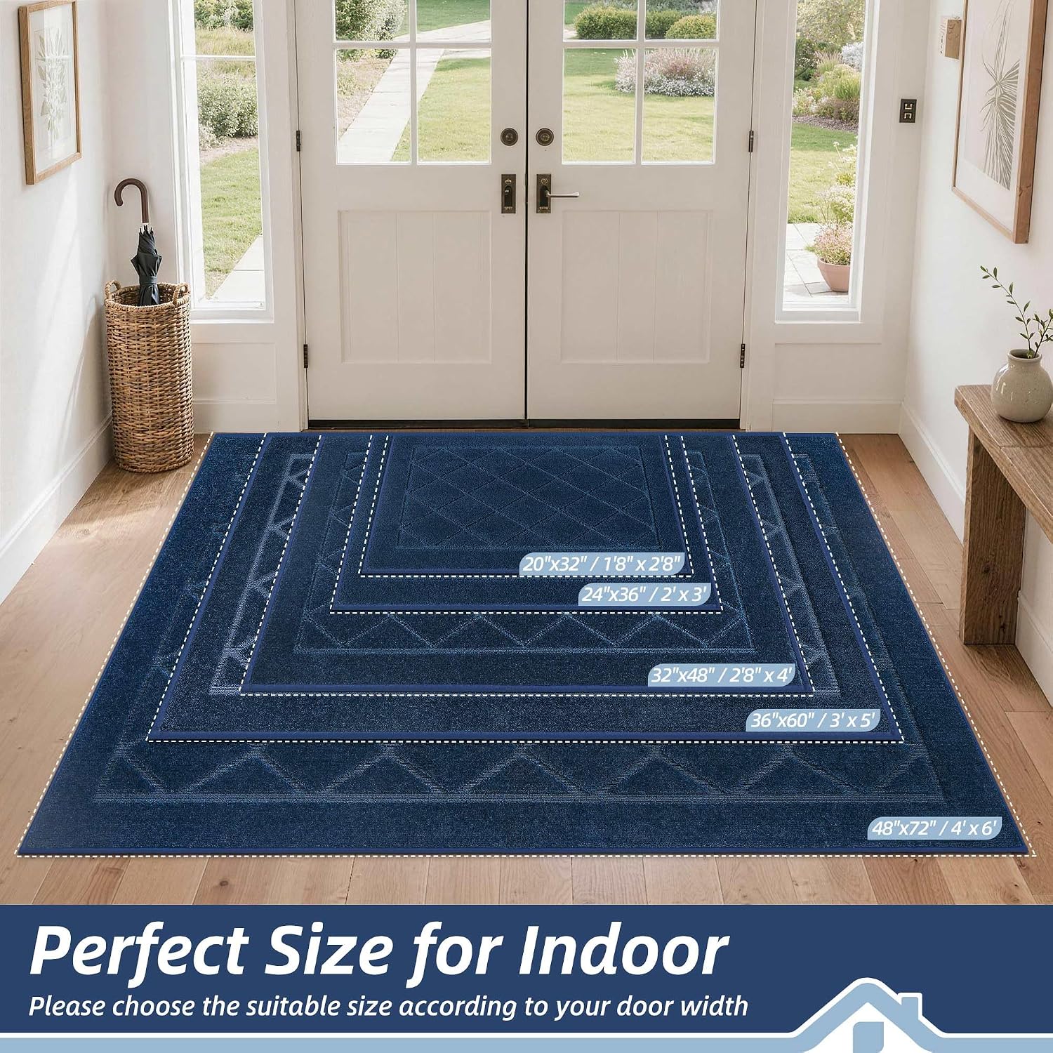 BEQHAUSE Dirt Trapper Door Mat 32" x 48", Doormat Non-Slip, Navy Blue