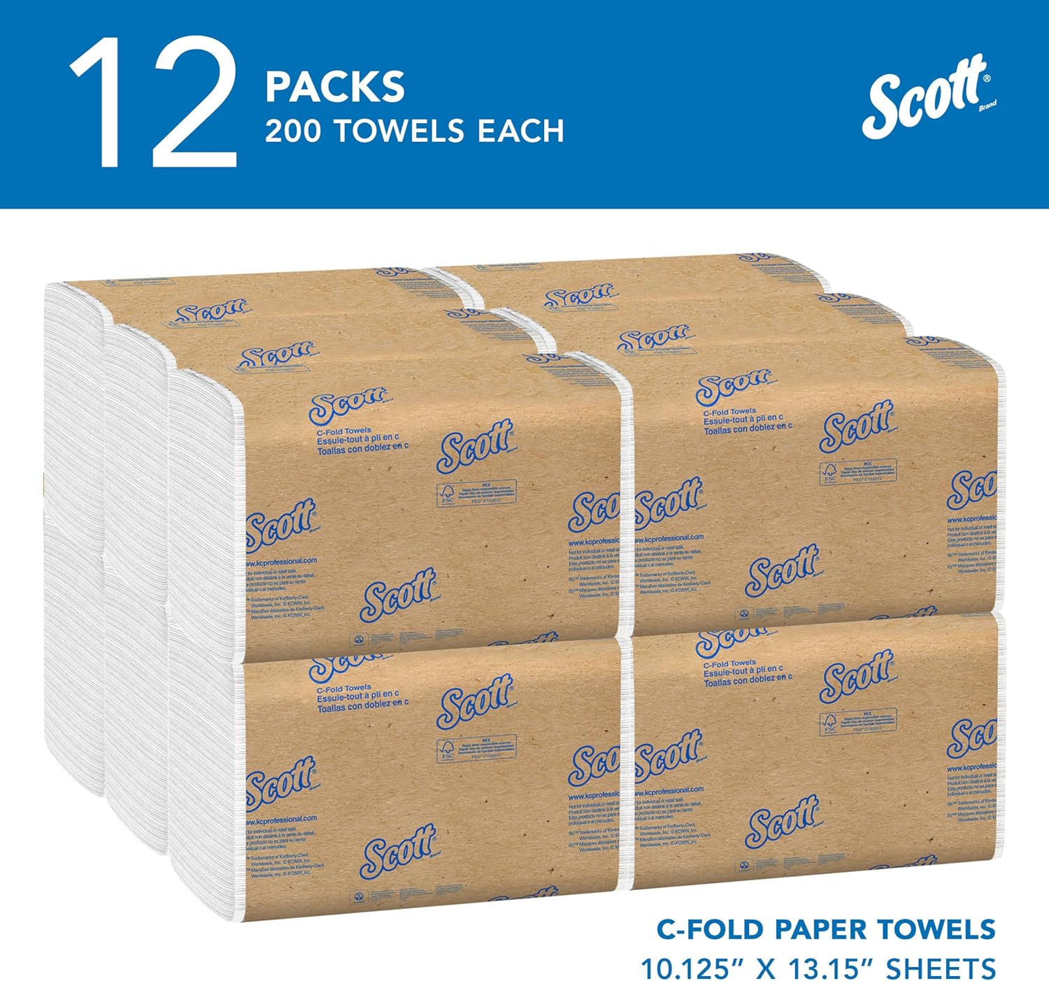 Scott Professional C-Fold Paper Hand Towels, Bulk, 12 x 200 Sheets (01510) | Universal, Standard Tier, Absorbency Pockets, White, Compatible with Universal Folded Towel Dispensers
