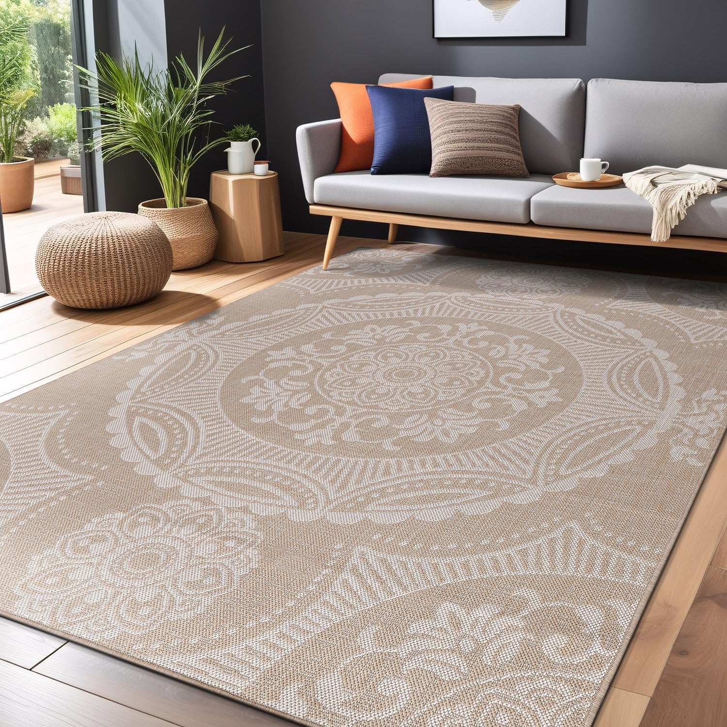 Luul Home Medallion Outdoor Rug 8x10 Washable Outside Carpet for Indoor Patio Porch Waterproof Easy Cleaning Non Shedding Area Rugs Beige 8 x 10