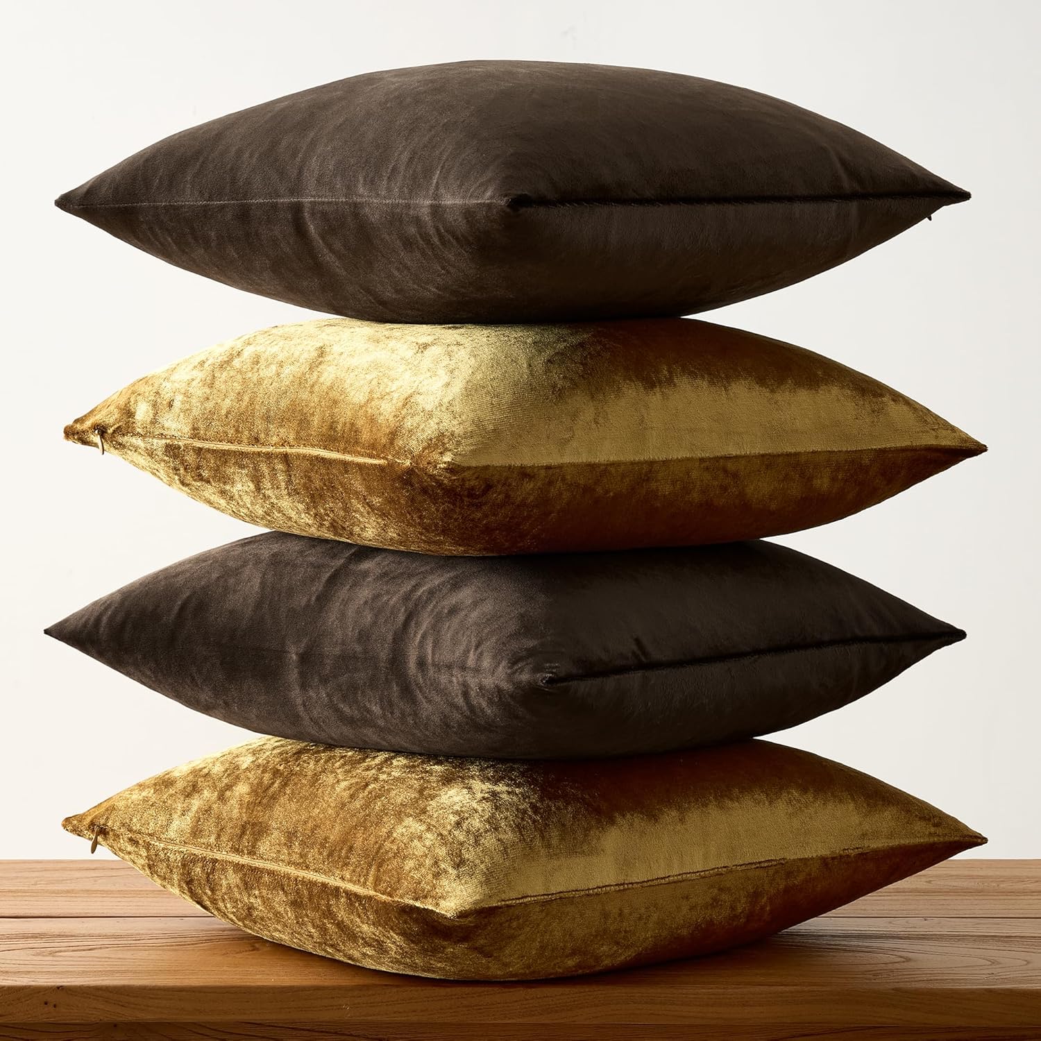 GIGIZAZA Pack of 4 Decorative Velvet Pillow Covers 18x18 Brown Gold