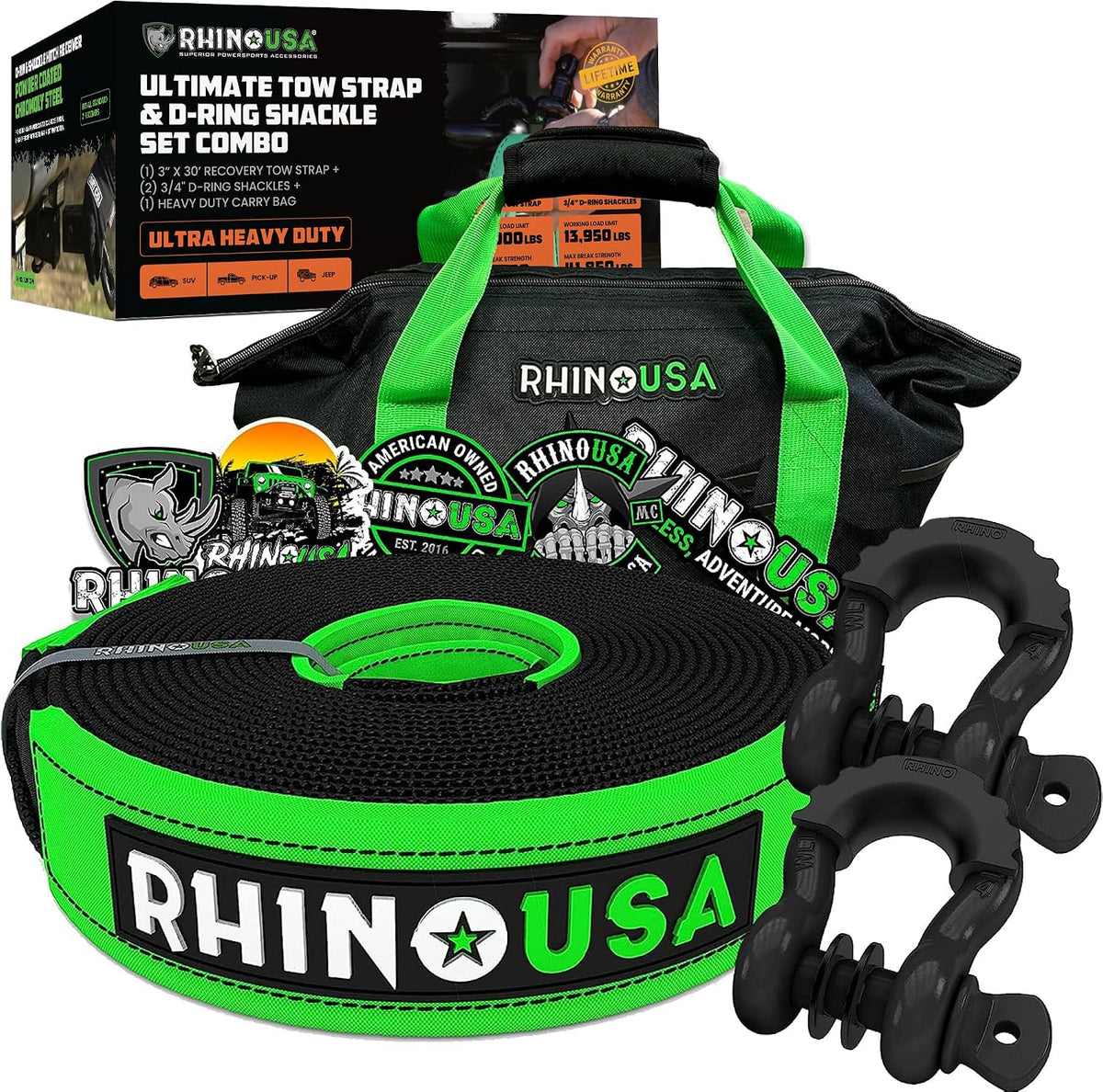 Rhino USA Recovery Combo Kit - 30ft Tow Strap & D-Ring Shackles