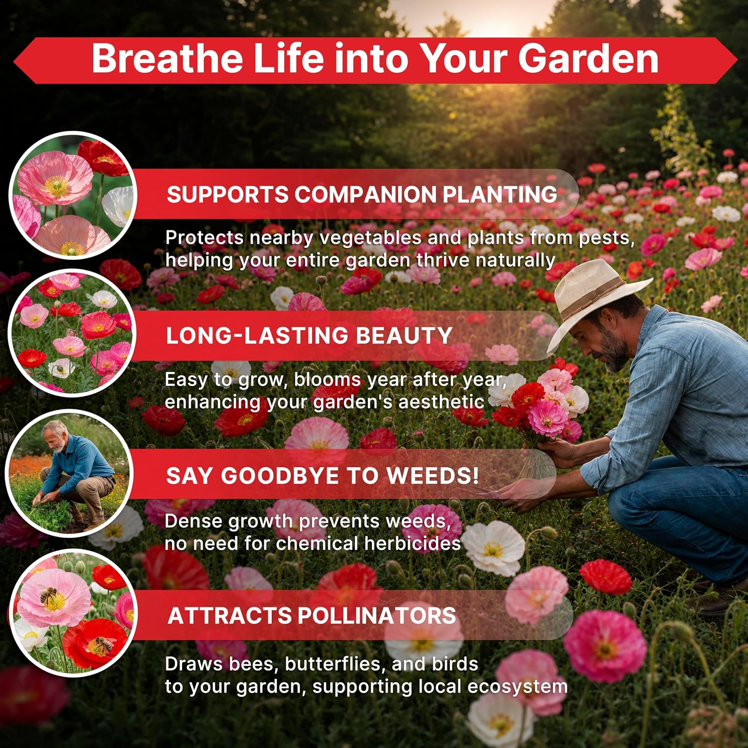 Poppy Shirley Single Mix Flower Seeds 1 oz Pack - Over 195,000 Non-GMO Heirloom Papaver Rhoeas Seeds for Planting, Individual Packet for Indoor & Outdoor Gardening