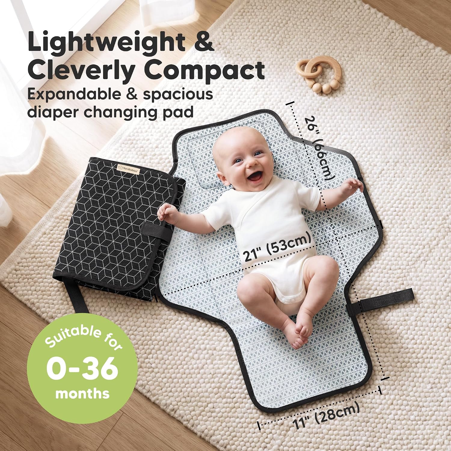 KeaBabies Portable Changing Pad for Baby, Travel Large 26x21 (Black Geo)