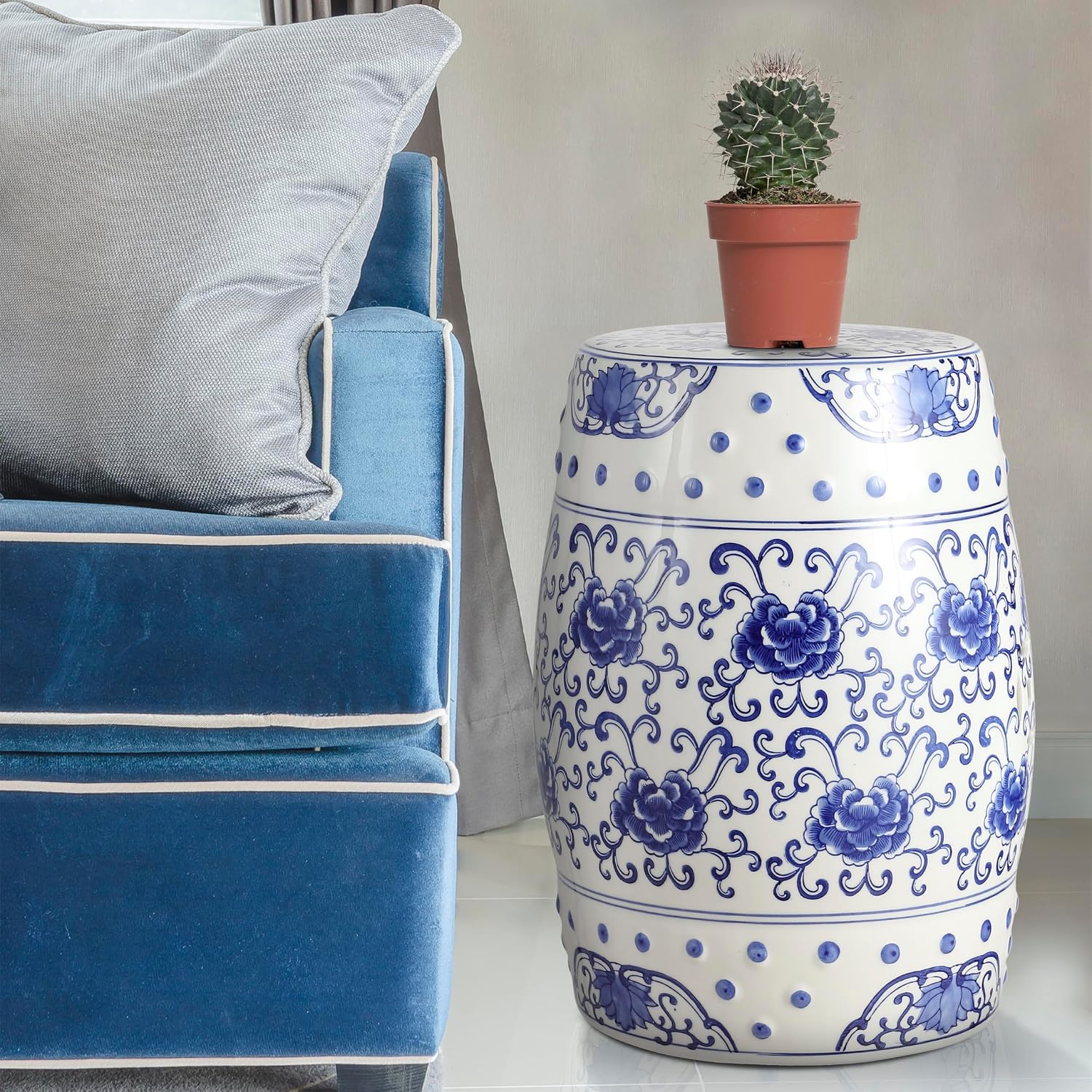 JONATHAN Y Lotus Flower Chinoiserie Ceramic Drum Stool 17.75", Blue/White