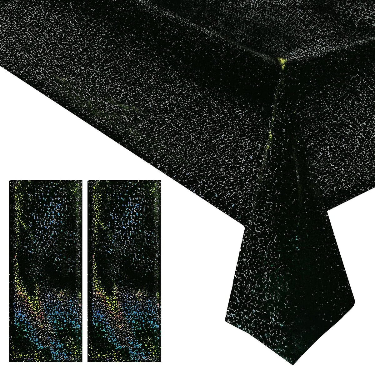 2 Pcs Black Holographic Laser Tablecloth Galaxy Space Table Cloth 40 * 108 Inch Shimmer Star TableCover for Halloween Birthday Graduation Neon Party Supplies Disposable Plastic Foil Table Decor