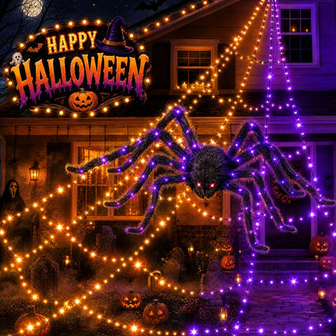 Halloween Decorations Outdoor Spider Web Lights - 550 LEDs Purple and Orange Remote Control Timer Plug in Giant Halloween Decor Cobwebs - 11 Modes Lighting Waterproof Yard Garden Party Decorations