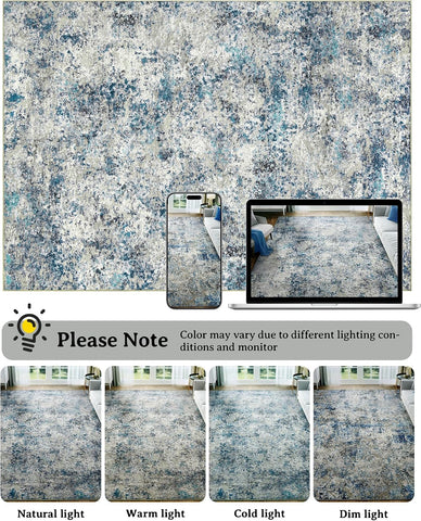 Washable Area Rug for Living Room: 9x12 Modern Abstract Neutral Soft Rug for Bedroom Dining Room No Slip Low Pile Carpet for Nursery Home Office - Grey/Blue