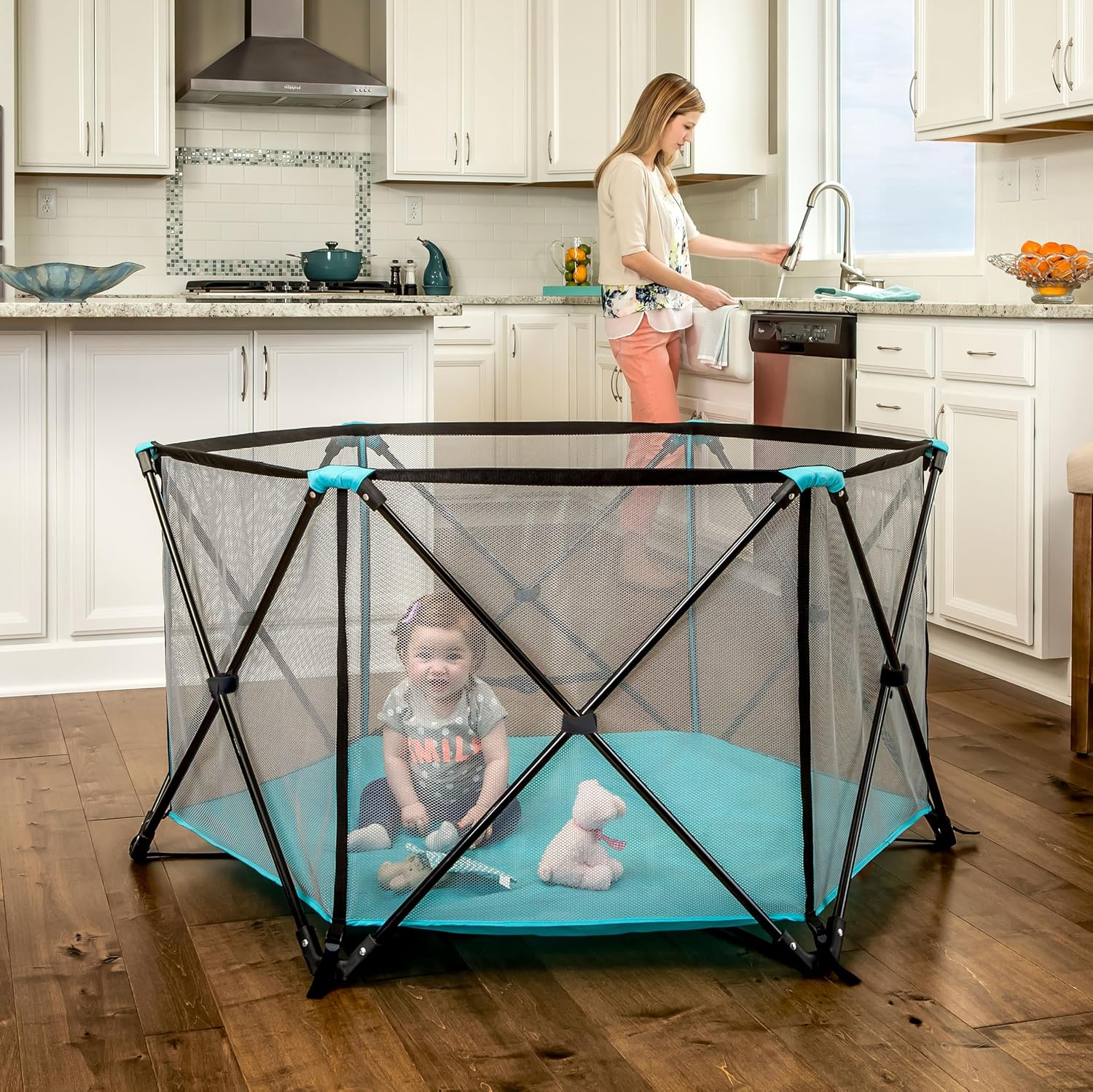Regalo Safety My Play Portable Baby Playpen & Play Yard, Foldable 6-Panel Indoor Outdoor Playpen for Babies & Toddlers, Mesh Sides, Washable Fabric, 48”, Aqua/Black
