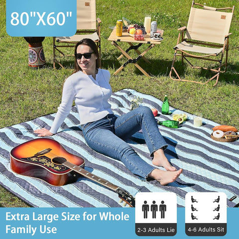 HX&OD Outdoor Picnic Blanket Extra Large, 80''*60'' Waterproof Picnic Mat with Stakes Foldable Camping Blanket Portable with Carry Strap for Beach Mat (Green& White, 80''*60'')