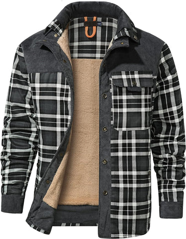 Flygo Men's Sherpa Lined Plaid Flannel Shirt Jacket Snap Button Warm Winter Jacket with Pockets