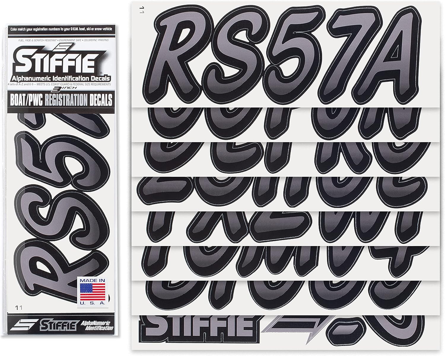 STIFFIE Whipline Gunmetal/Black 3" Boat & PWC Registration Decals • Numbers Letters Stickers
