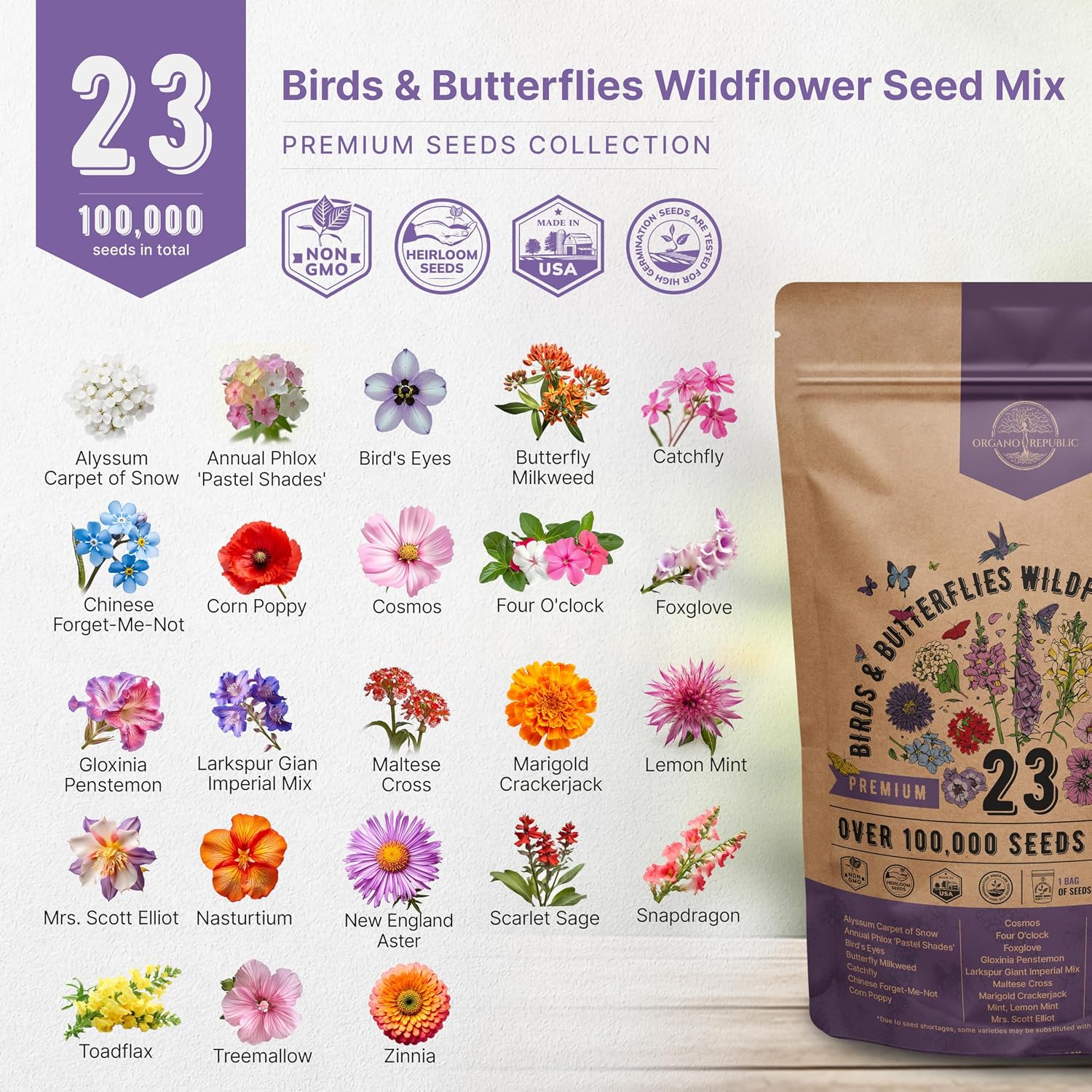 Organo Republic 23 Wildflower Seeds Annual & Perennial Mix for Indoor & Outdoors, Attract Birds & Butterflies 100,000+ Non-GMO, Heirloom Garden Seeds, 4oz Packet for Growing Wild Flowers