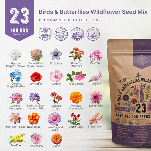 Organo Republic 23 Wildflower Seeds Annual & Perennial Mix for Indoor & Outdoors, Attract Birds & Butterflies 100,000+ Non-GMO, Heirloom Garden Seeds, 4oz Packet for Growing Wild Flowers