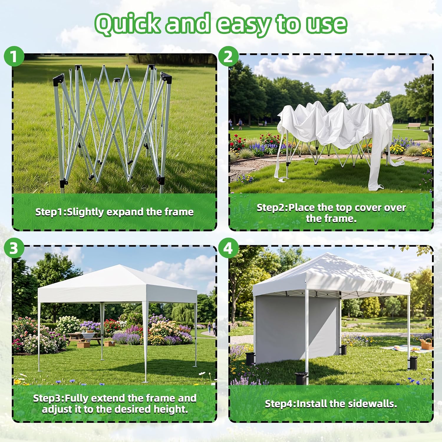10X10FT Pop Up Gazebo, Adjustable Height Outdoor Canopy Tent with 1 Sidewall, Roller Carrybag, Ground Spikes & Sandbags for Camping, Patio, Backyard, Events, White