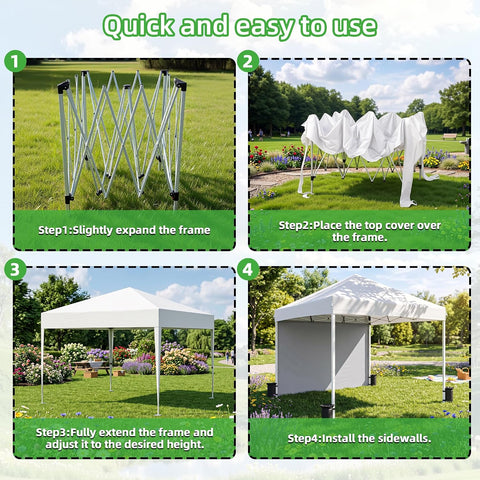 10X10FT Pop Up Gazebo, Adjustable Height Outdoor Canopy Tent with 1 Sidewall, Roller Carrybag, Ground Spikes & Sandbags for Camping, Patio, Backyard, Events, White
