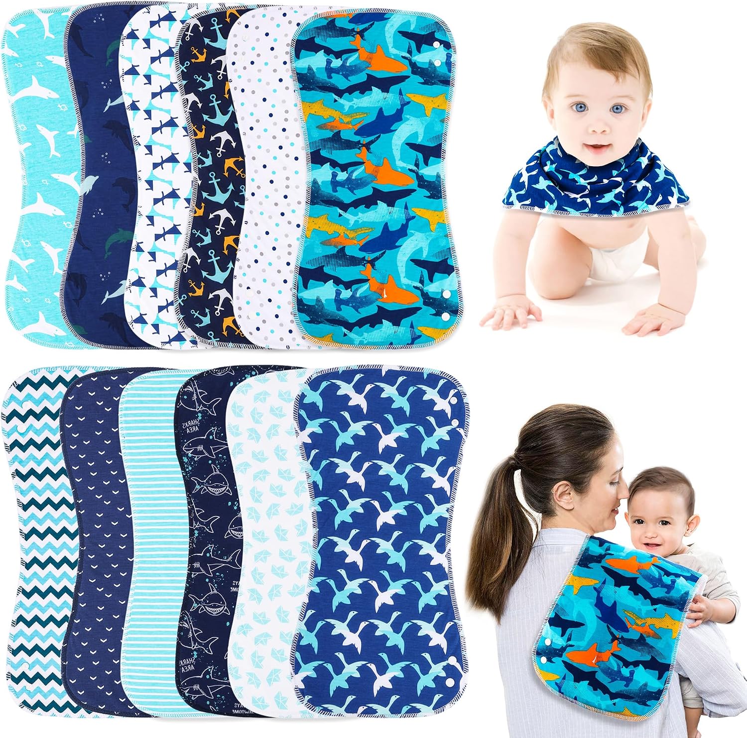 Baby Burp Cloths & Baby Bibs 2-in-1 Design Large Size 3 Layers Thicken Cotton Super Absorbent and Soft Baby Spit Up Burping Rags Baby Burp Cloth Set for Boys and Girls Solid 12 Pack