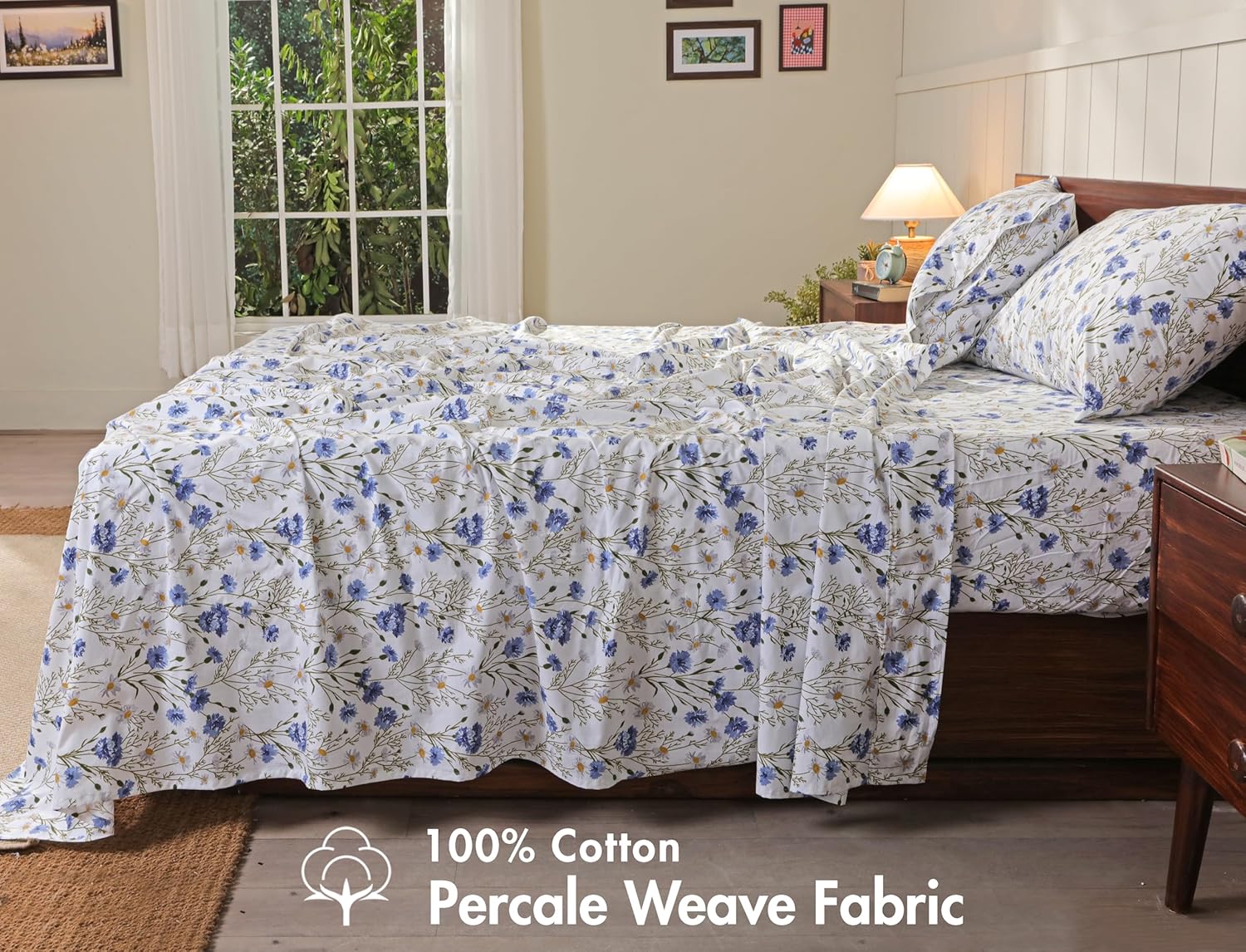 RUVANTI 100% Cotton Queen Sheets, Percale Queen Sheet Set, Sweet Pea