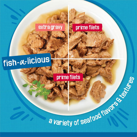 Purina Friskies Wet Cat Food Variety Pack Fish-A-Licious Extra Gravy, Prime Filets and Tasty Treasures - (Pack of 32) 5.5 oz. Cans