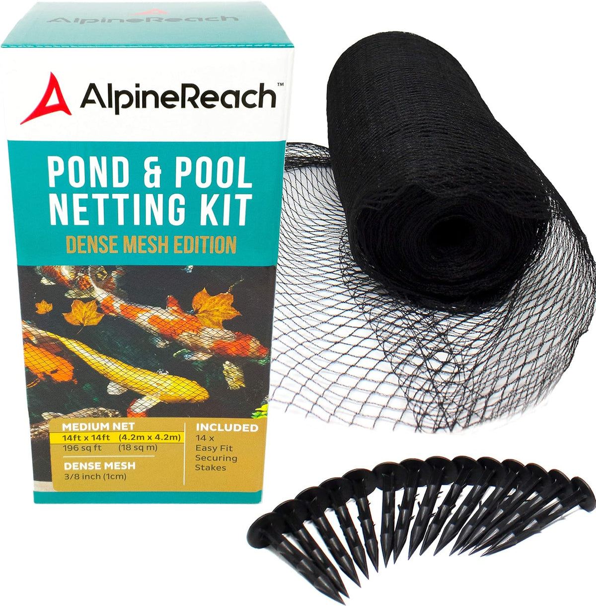 AlpineReach Koi Pond Netting Kit 14 x 14 ft Black Heavy Duty Woven Fine Mesh Net Cover for Leaves - Protects Koi Fish from Blue Heron Birds, Cats & Predators – Reusable & Stakes Included