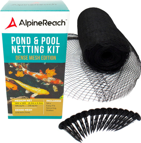 AlpineReach Koi Pond Netting Kit 14 x 14 ft Black Heavy Duty Woven Fine Mesh Net Cover for Leaves - Protects Koi Fish from Blue Heron Birds, Cats & Predators – Reusable & Stakes Included
