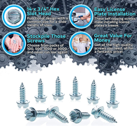 Au-ve-co 1000 Bulk Zinc Plated License Plate TAG Screws Hex Head Car Dealer Lot Self