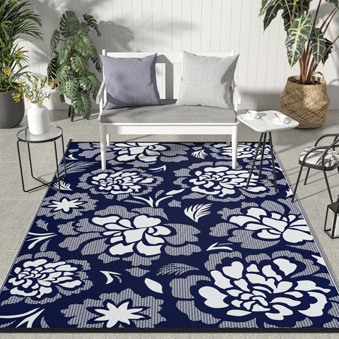 GENIMO Outdoor Rug 5' x 8' Waterproof for Patios Clearance, Reversible Outdoor Plastic Straw Camping Rug Carpet, Large Area Rugs Mats for RV, Camper, Deck, Balcony, Porch, Beach, Navy Blue&White