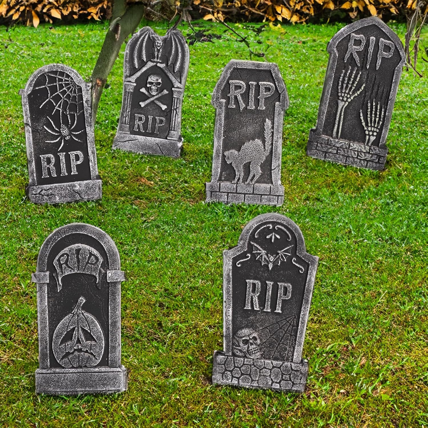 Hourleey Halloween Foam RIP Tombstones, 6 Pack 15" Graveyard Headstone Decorations Outdoor for Halloween Lawn Yard Garden Tombstone Decor