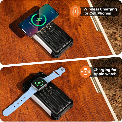 BLAVOR Solar Power Bank 20000mAh Built-in Cables, Wireless Charger for Phones & Apple Watch, 20W Fast Charging Battery Pack with USB C, Flashlight, Solar Charger for iPhone, iPad, iWatch, Samsung