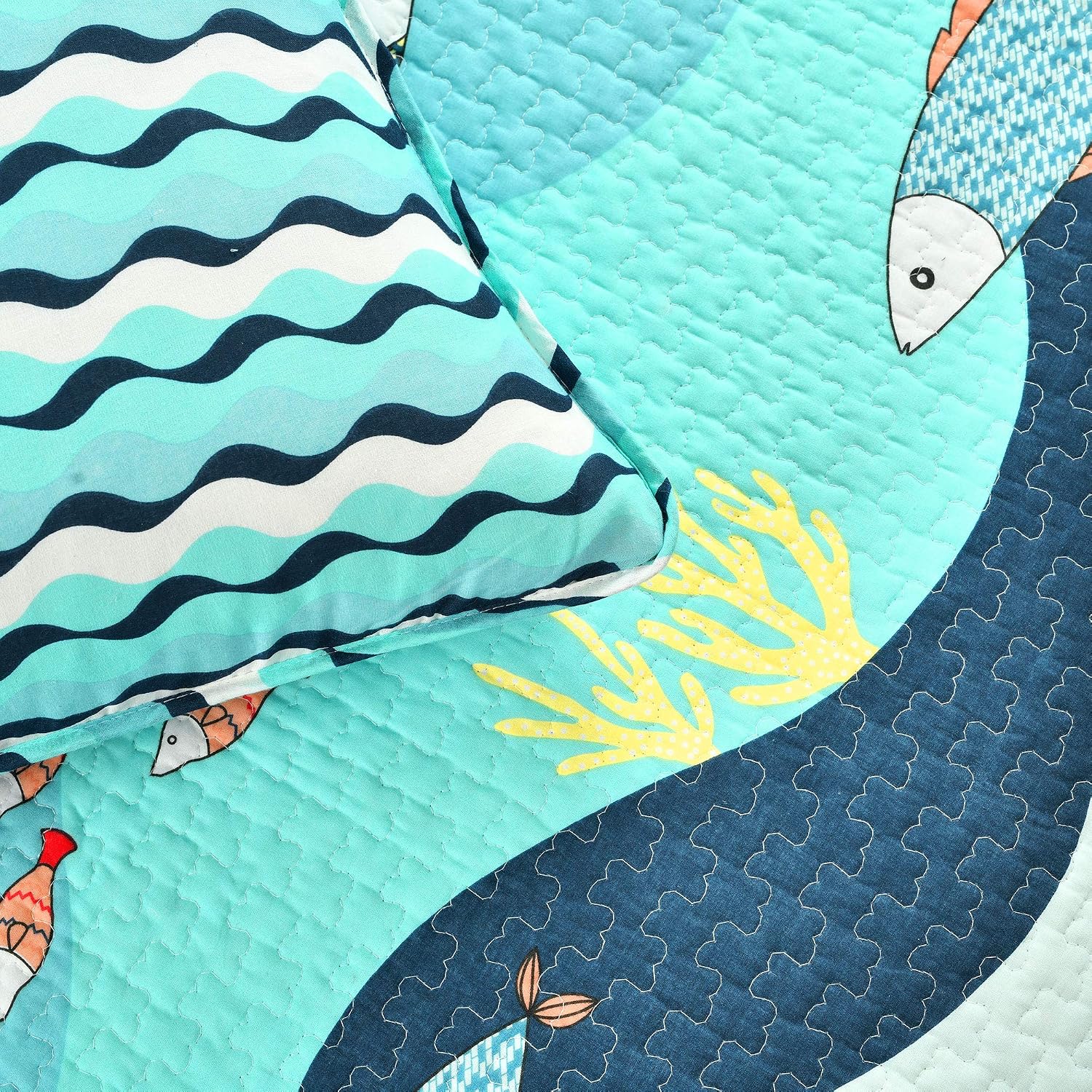 Lush Decor Sea Life Reversible Cotton Quilt Twin Size 3 Piece Set Blue - Kids Bedding Set Twin Quilt Blue - Coastal Bedroom Decor - Beach House