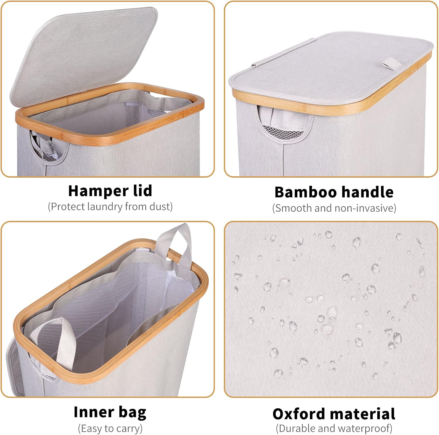 65L Slim Laundry Hamper, Narrow Laundry Basket with Lid,Foldable Clothes Hamper with Bamboo Handles,Hamper Basket with Removable Inner Bag for Laundry Room Bedroom College Dorm,17.17 Gals（Light Grey）