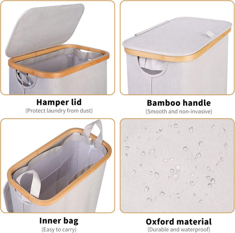 65L Slim Laundry Hamper, Narrow Laundry Basket with Lid,Foldable Clothes Hamper with Bamboo Handles,Hamper Basket with Removable Inner Bag for Laundry Room Bedroom College Dorm,17.17 Gals（Light Grey）