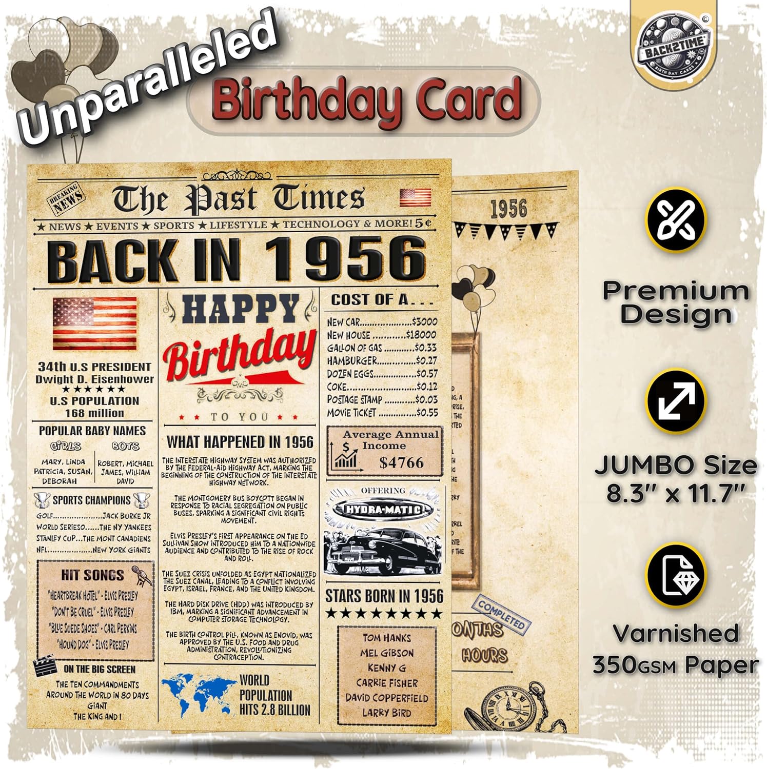 70th Birthday Card for Women Men - Back In 1956 Newspaper - 70 th Happy BIRTHDAY card - 70 birthday gift for Her Him - JUMBO size - 70th birthday decorations Dad Mom - Best gifts for 70 year old
