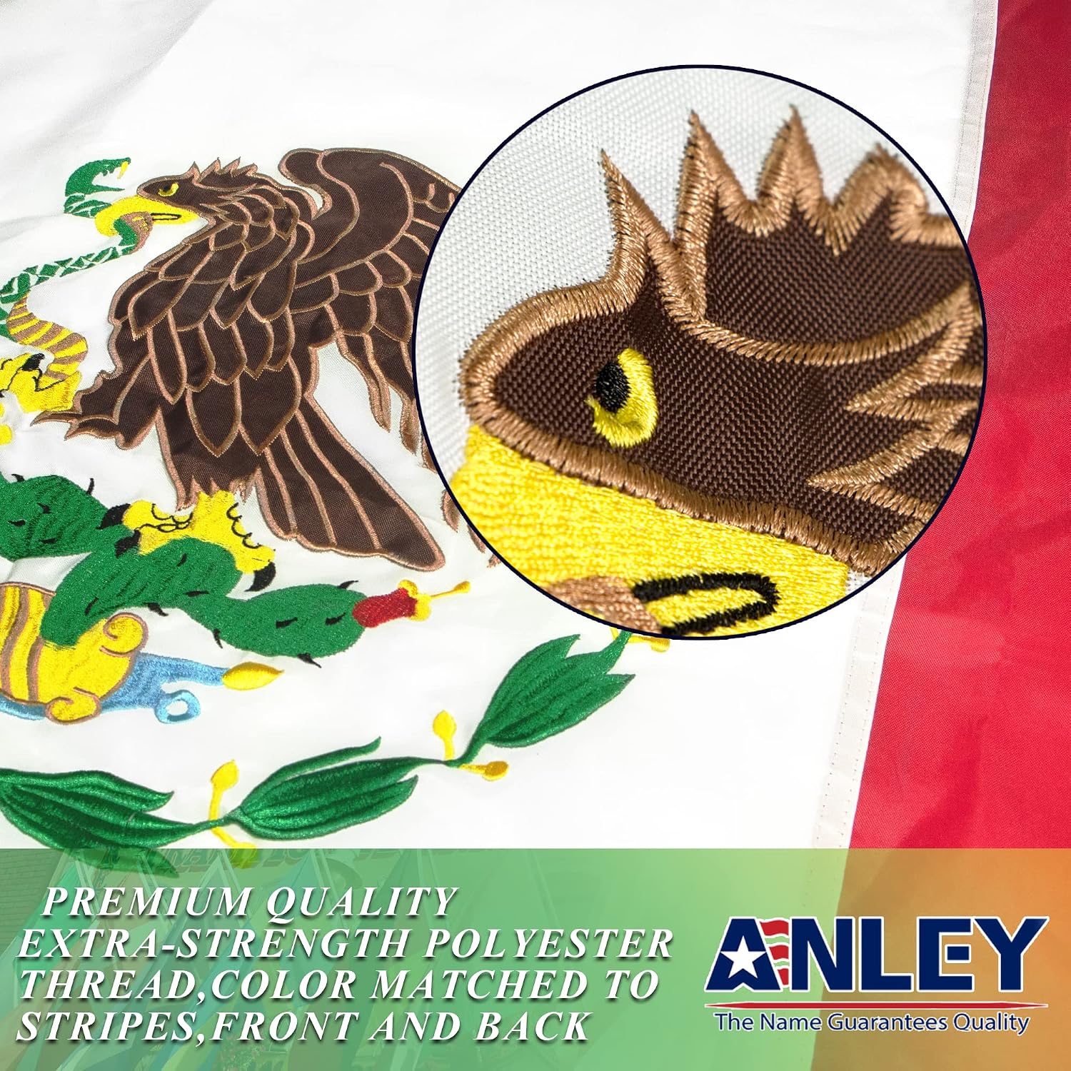 Anley EverStrong Series Embroidered Mexico Flag 3x5 Ft - Embroidery & Heavy Duty Canvas Header - 4 Rows of Lock Stitching - Mexican MX National Flag with Brass Grommets 3 X 5 Ft
