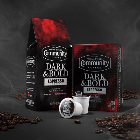 Community Coffee Dark & Bold Espresso Roast 72 Ounces, Extra Dark Roast Ground Coffee, 12 Ounce Bag (Pack of 6)