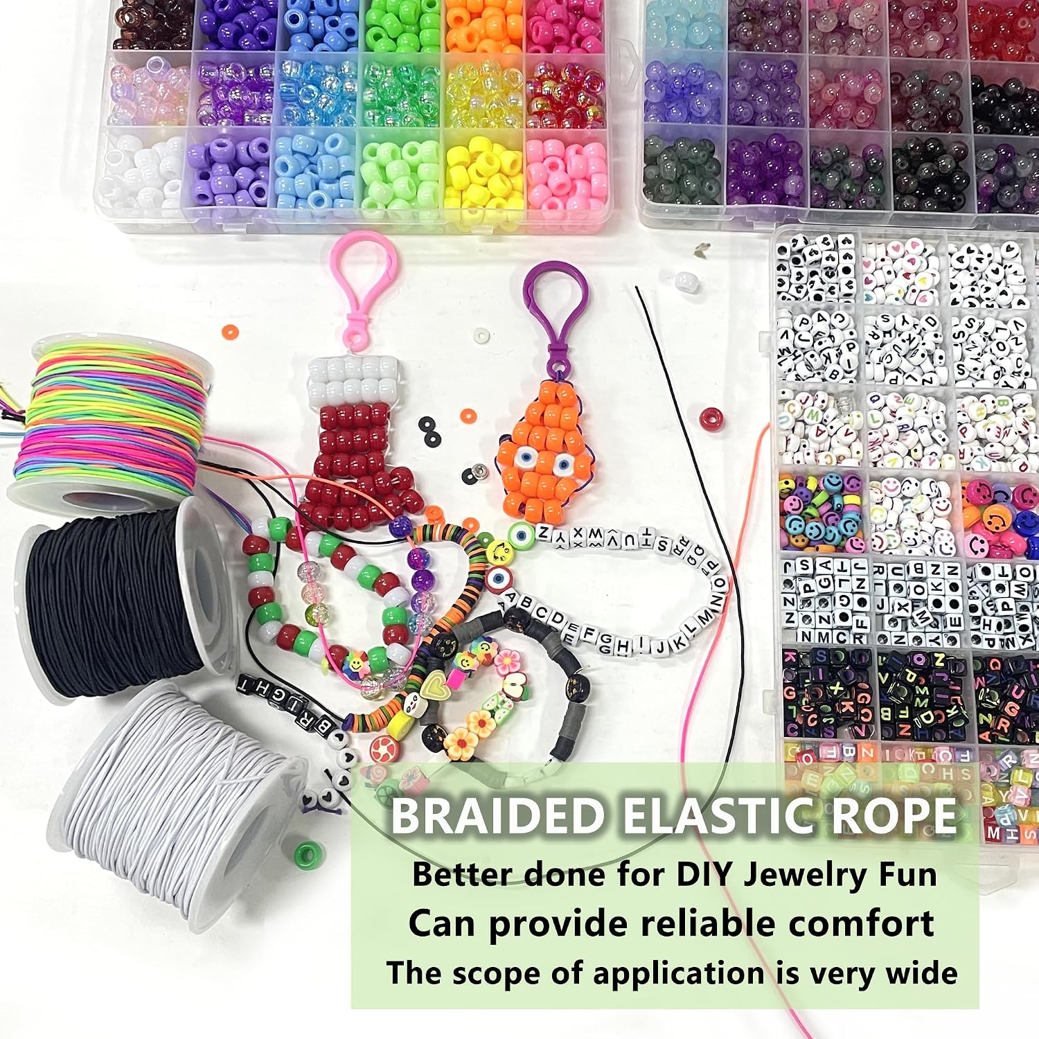 1.0mm Elastic Bracelet String Cord, Crystal Stretch Bead Cord for Bracelets Jewelry Making, Clear Stretchy Elastic String for Beading, Transparent Thread (1.0MM(Rainbow/Black/White)/495ft)